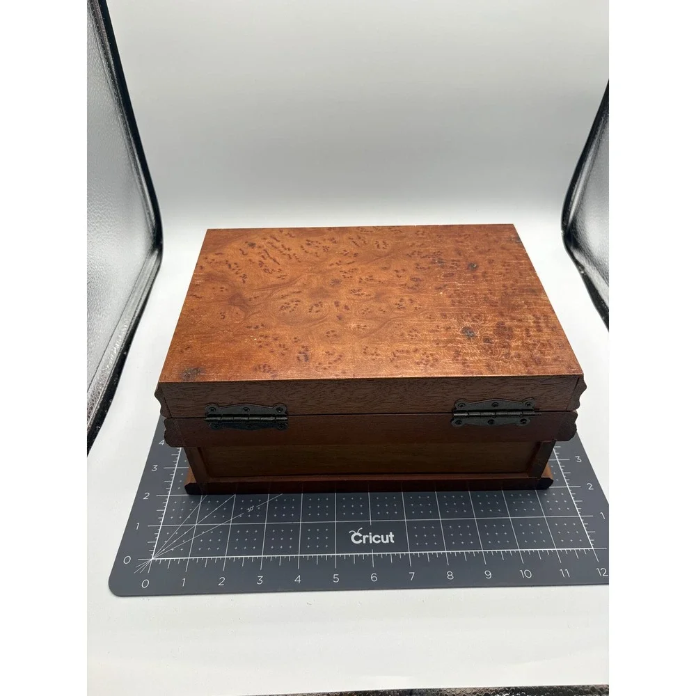 Vintage Wooden Jewelry Box Burl Wood Lid Mirror Swing Tray Drawer Organizer